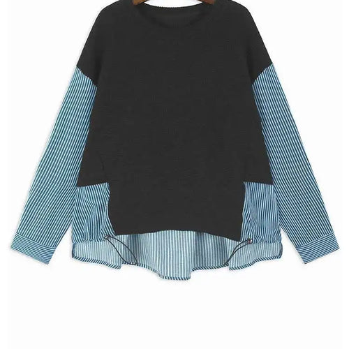 Load image into Gallery viewer, Blue Knitting Striped Irregular Sweatshirt New Round Neck Long Sleeve Women Big Size Fashion Spring Autumn 2025 1DH8043
