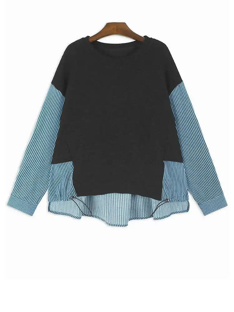 Blue Knitting Striped Irregular Sweatshirt New Round Neck Long Sleeve Women Big Size Fashion Spring Autumn 2025 1DH8043