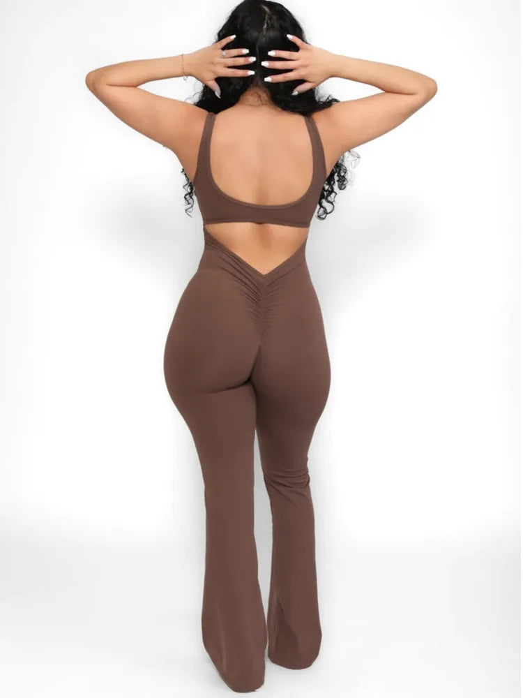 Sleeveless Elastic Slim Fit Jumpsuit Women Open Back Hollow Tight Flare Pants Casual Fitness Jumpsuit Female Rompers