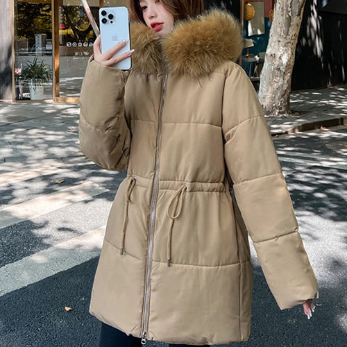 Load image into Gallery viewer, Thicken Slim-waist Cotton Jacket for Women Korean Winter Warm Mid Length Woman Parkas Fur Hooded White Coat Female M-XXL
