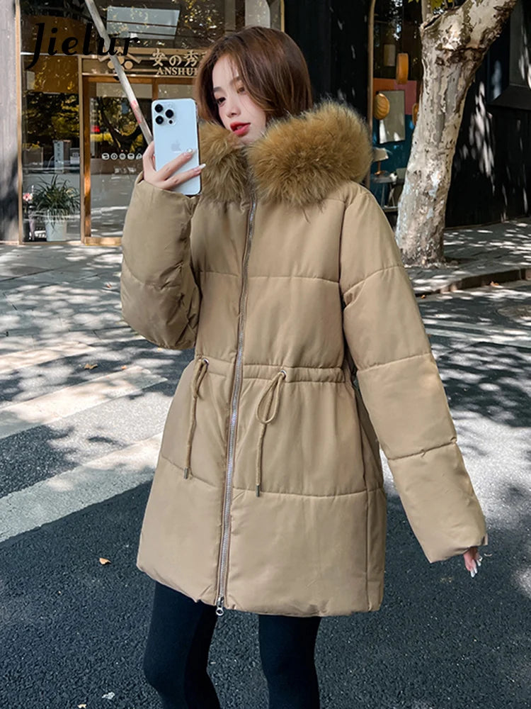 Thicken Slim-waist Cotton Jacket for Women Korean Winter Warm Mid Length Woman Parkas Fur Hooded White Coat Female M-XXL