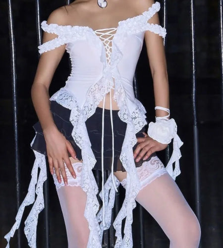 Y2k Aesthetic Lace Patchwork Tops Harajuku Hollow Out Bandage T Shirt Women Slim-fit Grunge Sleeveless Irregular 2025 Tee Femme