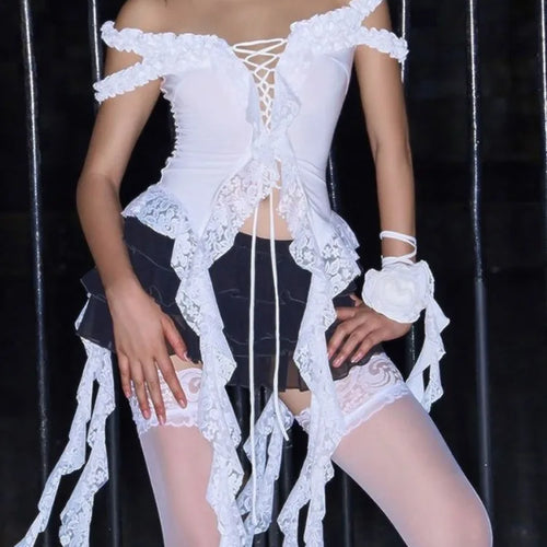 Load image into Gallery viewer, Y2k Aesthetic Lace Patchwork Tops Harajuku Hollow Out Bandage T Shirt Women Slim-fit Grunge Sleeveless Irregular 2025 Tee Femme
