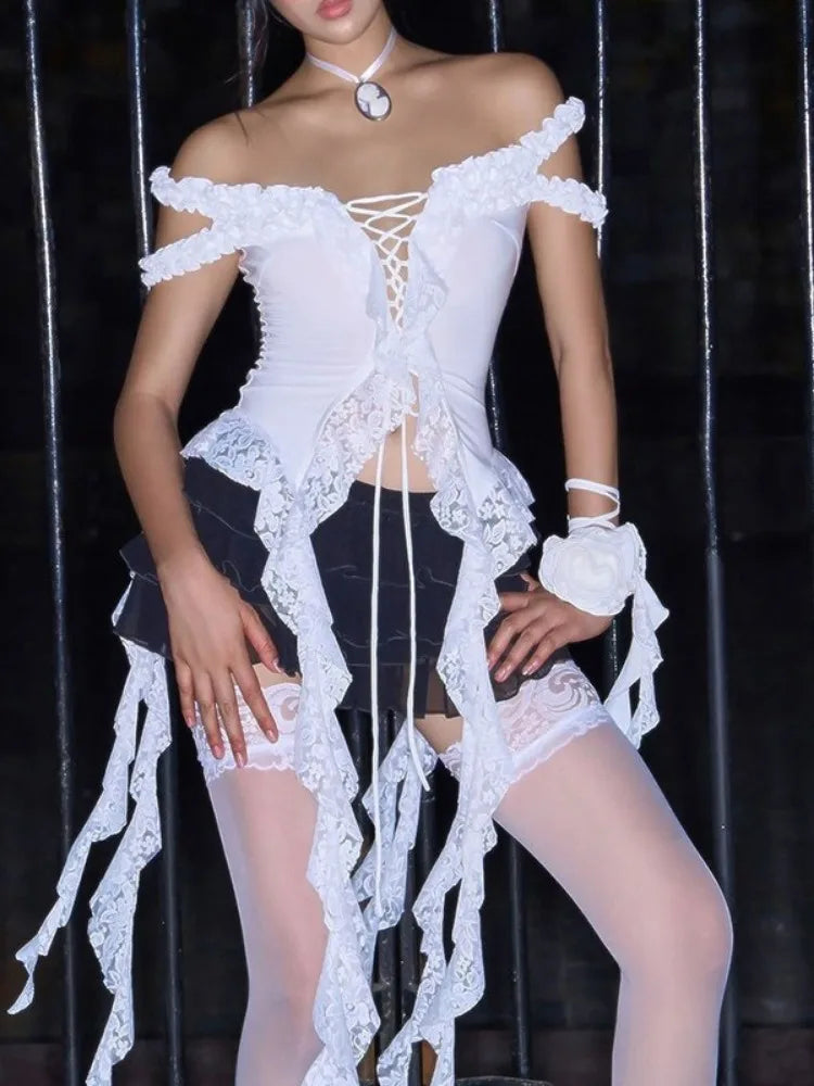 Y2k Aesthetic Lace Patchwork Tops Harajuku Hollow Out Bandage T Shirt Women Slim-fit Grunge Sleeveless Irregular 2025 Tee Femme