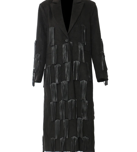 Women Black Pu Leather Tassels Big size long Trench New Lapel Long Sleeve Windbreaker Fashion Spring Autumn 2025 1DH4394