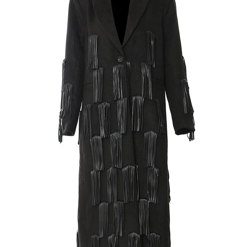 Load image into Gallery viewer, Women Black Pu Leather Tassels Big size long Trench New Lapel Long Sleeve Windbreaker Fashion Spring Autumn 2025 1DH4394

