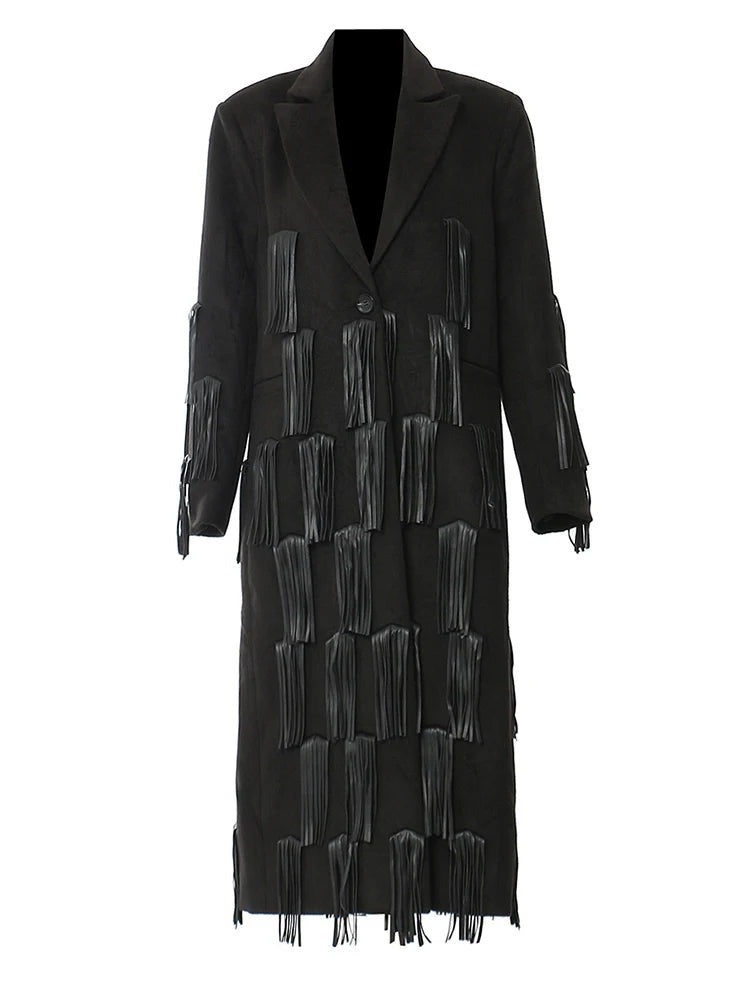 Women Black Pu Leather Tassels Big size long Trench New Lapel Long Sleeve Windbreaker Fashion Spring Autumn 2025 1DH4394