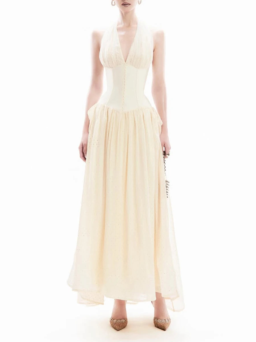 Solid Spliced Folds Slimming Dresses For Women V Neck Sleeveless Tunic Temperament Minimalist Dress Female Style