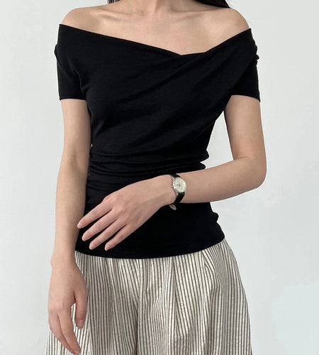 Women Black Irregular Pleated Elegant T-shirt New Skew Collar Short Sleeve Fashion Tide Spring Summer 2025 1DJ1908