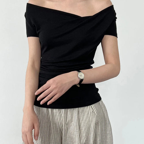 Load image into Gallery viewer, Women Black Irregular Pleated Elegant T-shirt New Skew Collar Short Sleeve Fashion Tide Spring Summer 2025 1DJ1908
