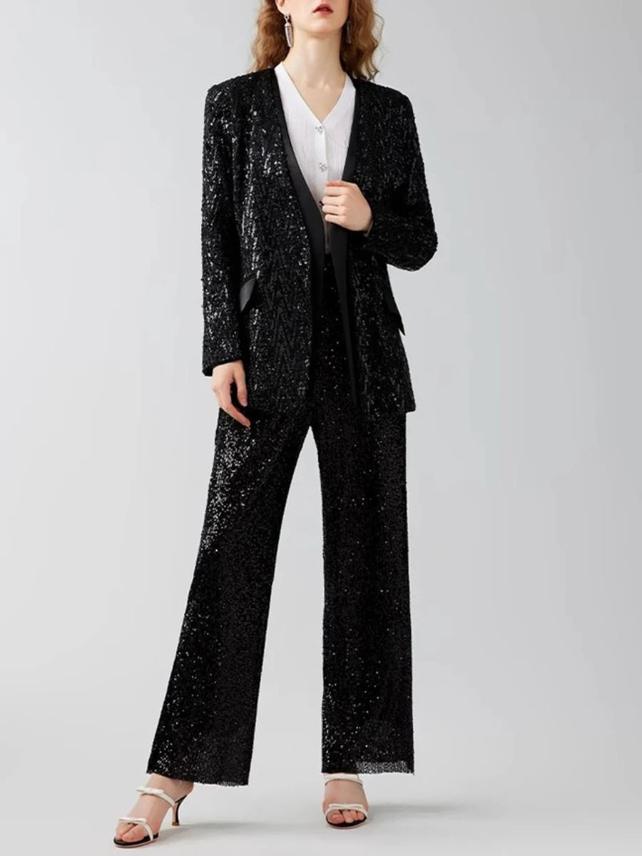 Solid Spliced Sequines Casual Jackets For Women V Neck Long Sleeve Patchwork Pockets Temperament Coat Female New