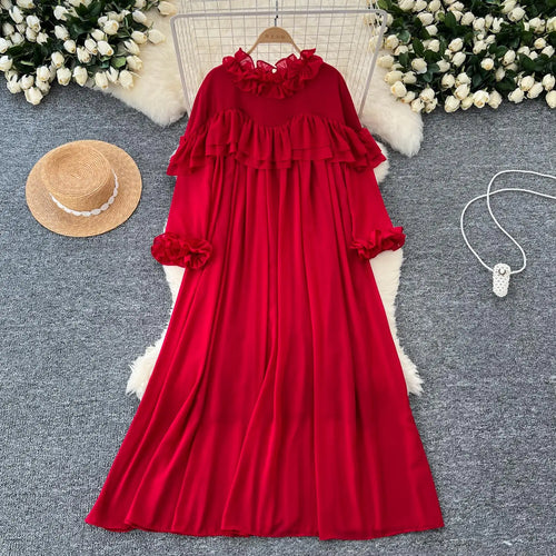 Load image into Gallery viewer, French 2024 Autumn New Solid Elegant Ruffle Edge Neck Long Sleeves Dress Women Vintage Loose Vacation Pleated Dress Popular Chic
