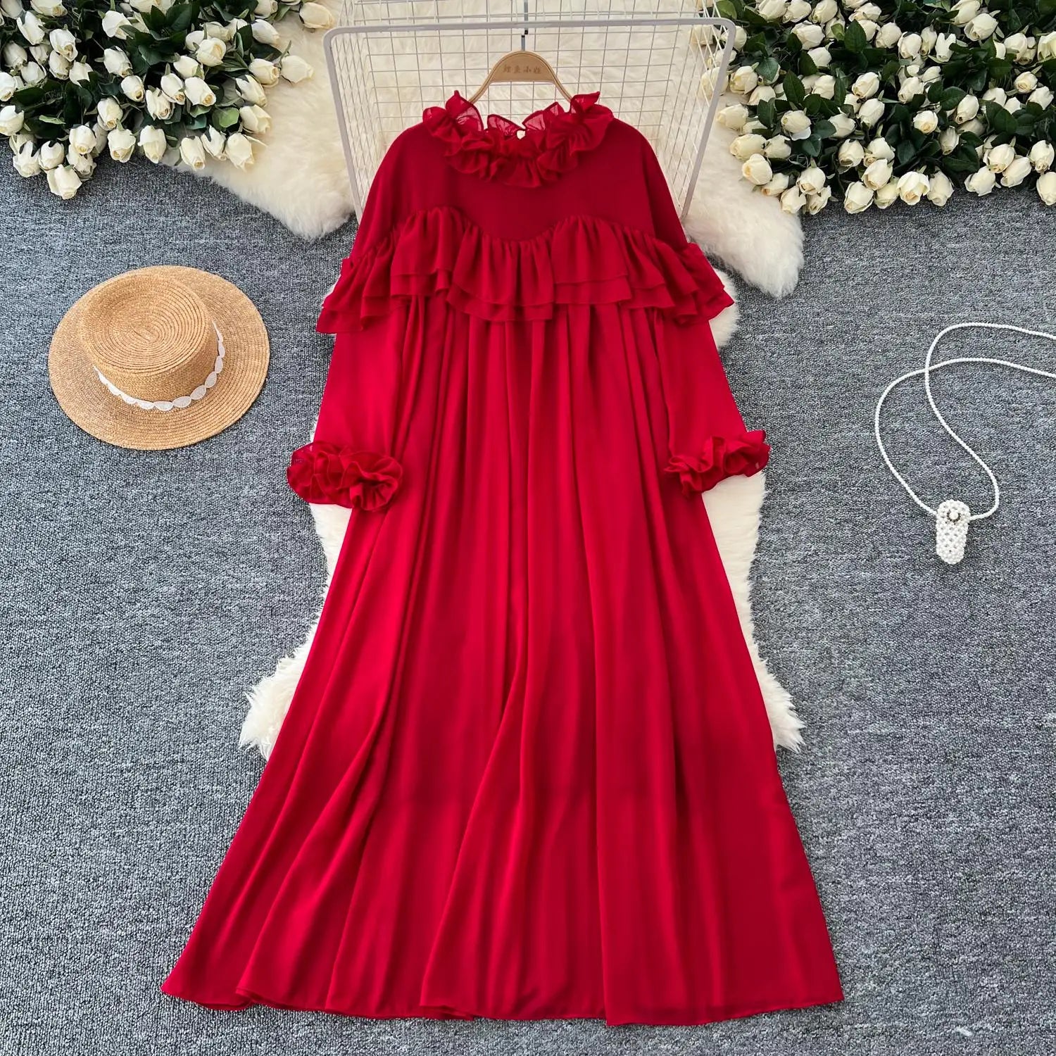 French 2024 Autumn New Solid Elegant Ruffle Edge Neck Long Sleeves Dress Women Vintage Loose Vacation Pleated Dress Popular Chic