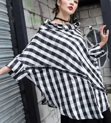 Women Black Plaid Irregular Big Size Blouse New Slash Neck Long Sleeve Loose Fit Shirt Fashion Spring Autumn 2025 1DF4744
