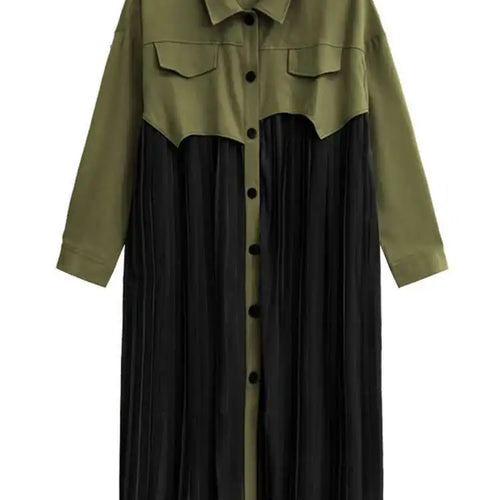 Load image into Gallery viewer, Women Army Green Pleated Spliced Big Size Midi Shirt Dress New Lapel Long Sleeve Fashion Tide Spring Autumn 2025 1DH6927
