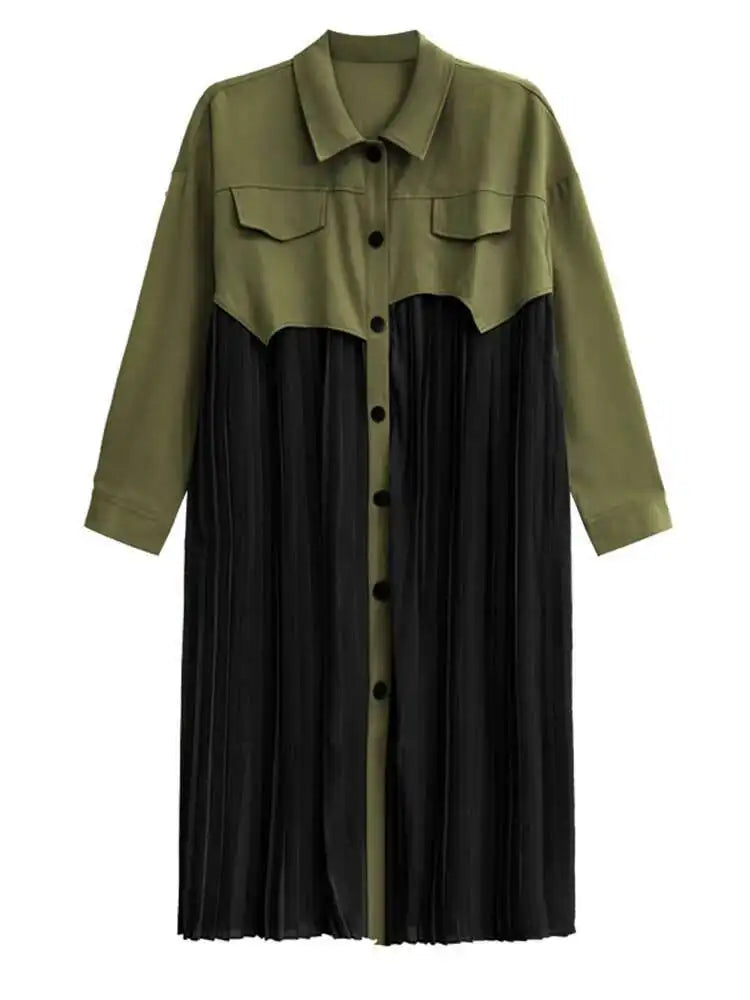 Women Army Green Pleated Spliced Big Size Midi Shirt Dress New Lapel Long Sleeve Fashion Tide Spring Autumn 2025 1DH6927
