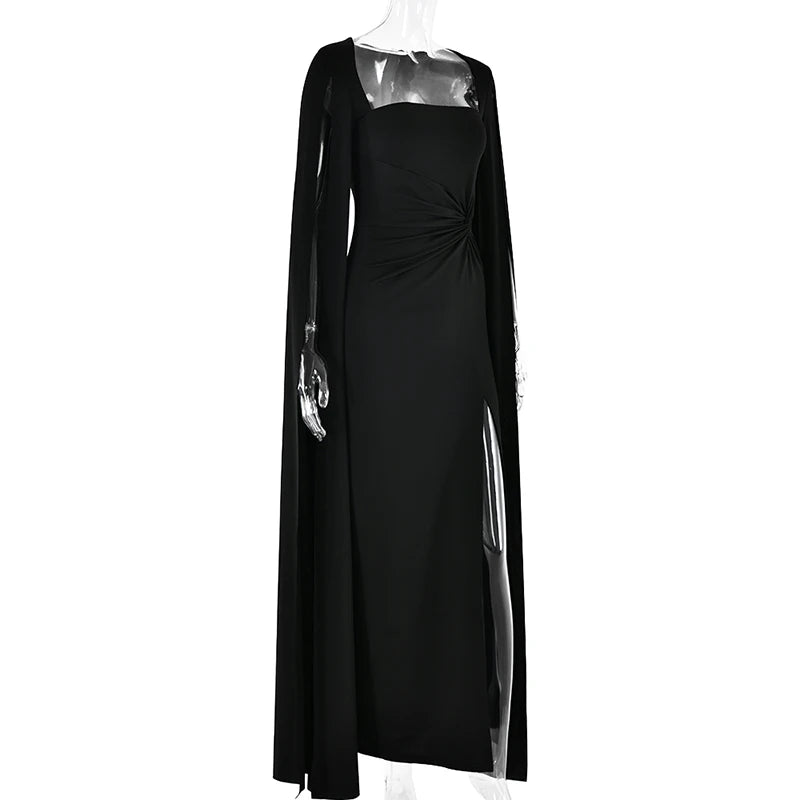 Long Cape Sleeve Split Maxi Dress For Women Gown Fashion Solid Square Collar Evening Sexy Long Dress Elegant New