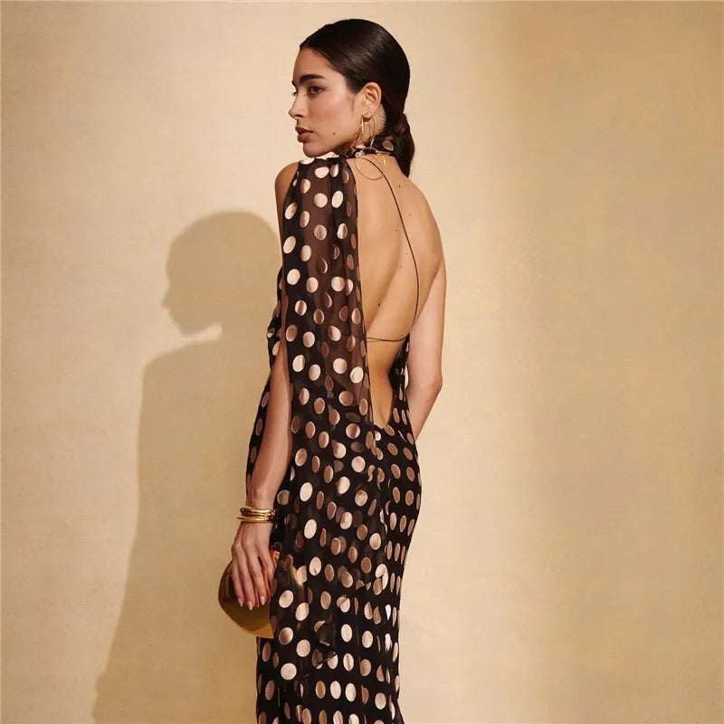 Round Plaid Printed Maxi Dress For Women Gown Halter Off-shoulder Sleeveless Backless Evening Club Long Dress Elegant