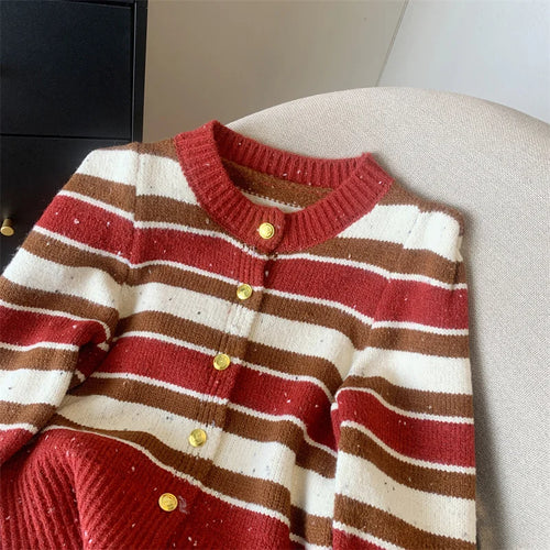 Load image into Gallery viewer, Autumn Winter Red Bright Silk Patchwork Cardigan Sweaters Women Black Striped Long Sleeve Loose Round Neck Knited Tops Outerwear
