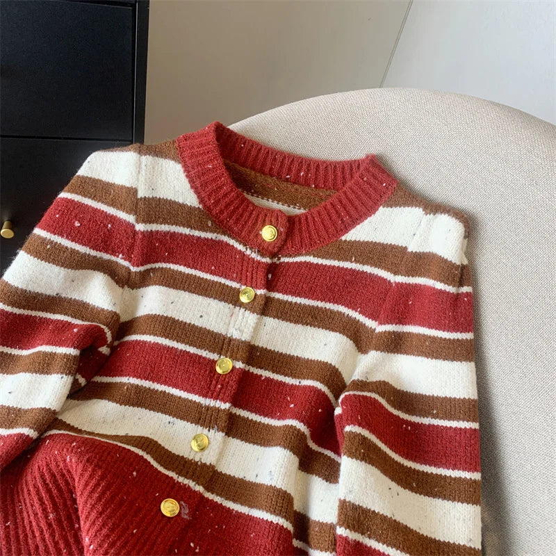 Autumn Winter Red Bright Silk Patchwork Cardigan Sweaters Women Black Striped Long Sleeve Loose Round Neck Knited Tops Outerwear