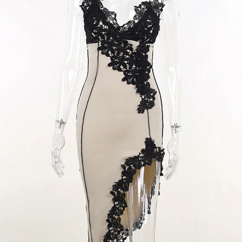 Load image into Gallery viewer, Lace High Split Sexy Midi Dress For Women Robe 2023 New Spaghetti Strap Sleeveless Deep V Neck Party Long Dress Vestido
