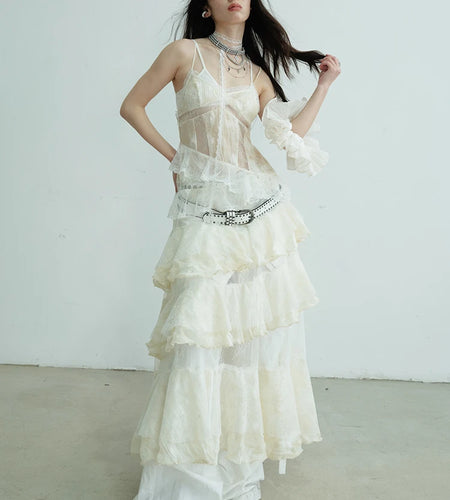 Women Beige Lace Perspective Long Spaghetti Strap Dress New V-Neck Sleeveless Fashion Tide Spring Autumn 2025 1DJ0684