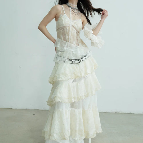 Load image into Gallery viewer, Women Beige Lace Perspective Long Spaghetti Strap Dress New V-Neck Sleeveless Fashion Tide Spring Autumn 2025 1DJ0684
