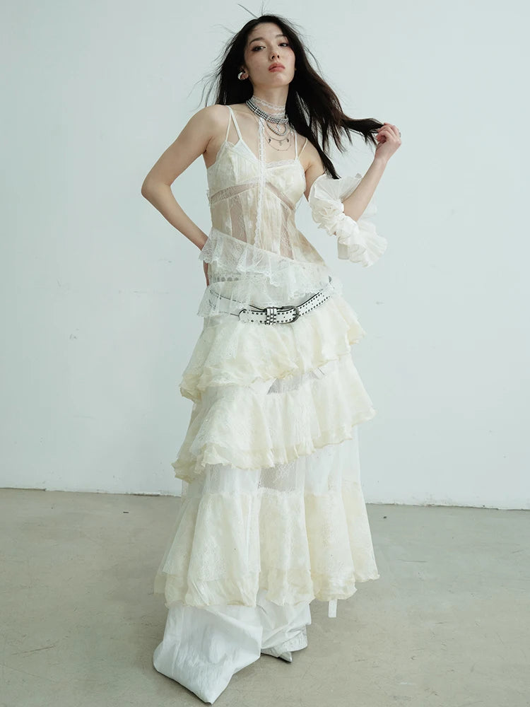 Women Beige Lace Perspective Long Spaghetti Strap Dress New V-Neck Sleeveless Fashion Tide Spring Autumn 2025 1DJ0684