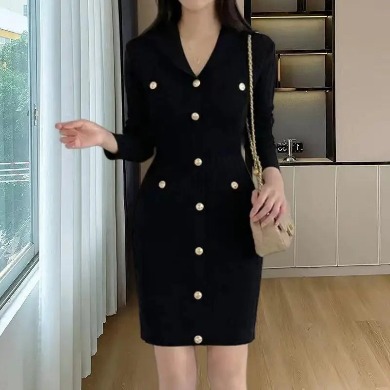 Women Khaki Single Breasted Long Sleeved Office Mini Dress Autumn Winter New Black V Neck Slim High Waist Knitted Short Dresses