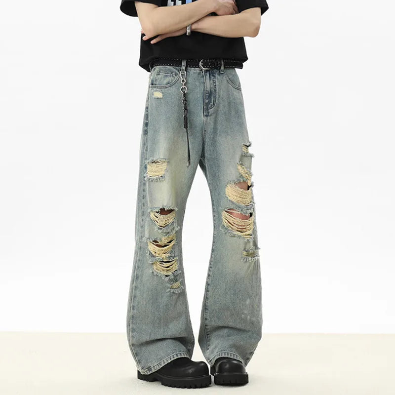 Men's Jeans New Summer Solid Color Denim Pants Multi Hole Stylish American High Street Handsome Straight Menwear 9W1533