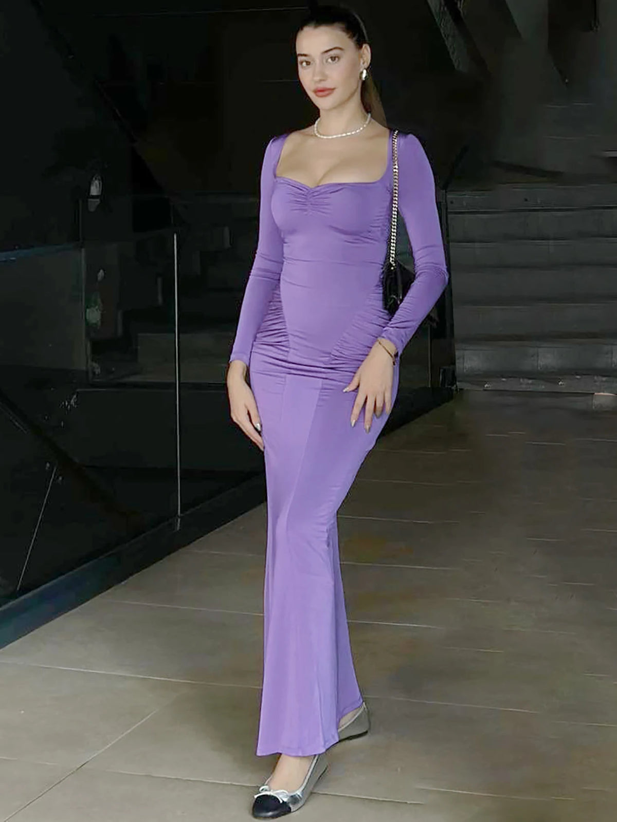 Elegant Solid Long Sleeve Square Collar Ruched Sexy Bodycon Maxi Prom Dress Fall Women Outfits Evening Party Vacation