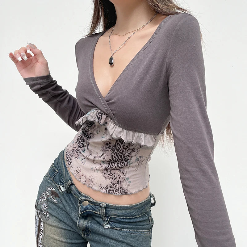 Vintage Y2K Print Patched Female T-shirt Ruffles Slim Grunge Crop Top Long Sleeve Harajuku Slim Autumn Tee Aesthetic