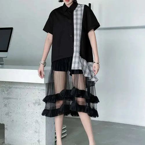 Load image into Gallery viewer, Women Black Plaid Mesh Spliced Big Size Midi Shirt Dress New Lapel Short Sleeve Fashion Tide Spring Summer 2025 1DJ0635
