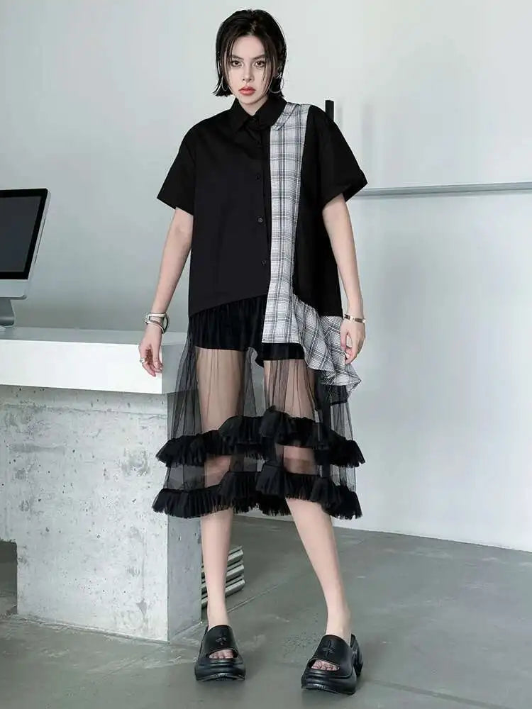 Women Black Plaid Mesh Spliced Big Size Midi Shirt Dress New Lapel Short Sleeve Fashion Tide Spring Summer 2025 1DJ0635