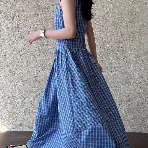 Load image into Gallery viewer, Women Dark Blue Plaid Pocket Vintage Long Elegant Vest Dress New V-Neck Sleeveless Fashion Tide Spring Summer 2025 1DJ0667
