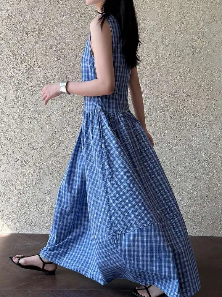 Women Dark Blue Plaid Pocket Vintage Long Elegant Vest Dress New V-Neck Sleeveless Fashion Tide Spring Summer 2025 1DJ0667