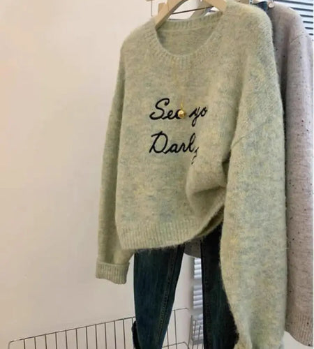 Vintage Women Green Letter Embroidery Round Neck Pullover Sweater Autumn Winter Warm Korean Fashion Long Sleeved Knitwear Tops
