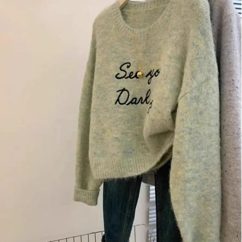 Load image into Gallery viewer, Vintage Women Green Letter Embroidery Round Neck Pullover Sweater Autumn Winter Warm Korean Fashion Long Sleeved Knitwear Tops
