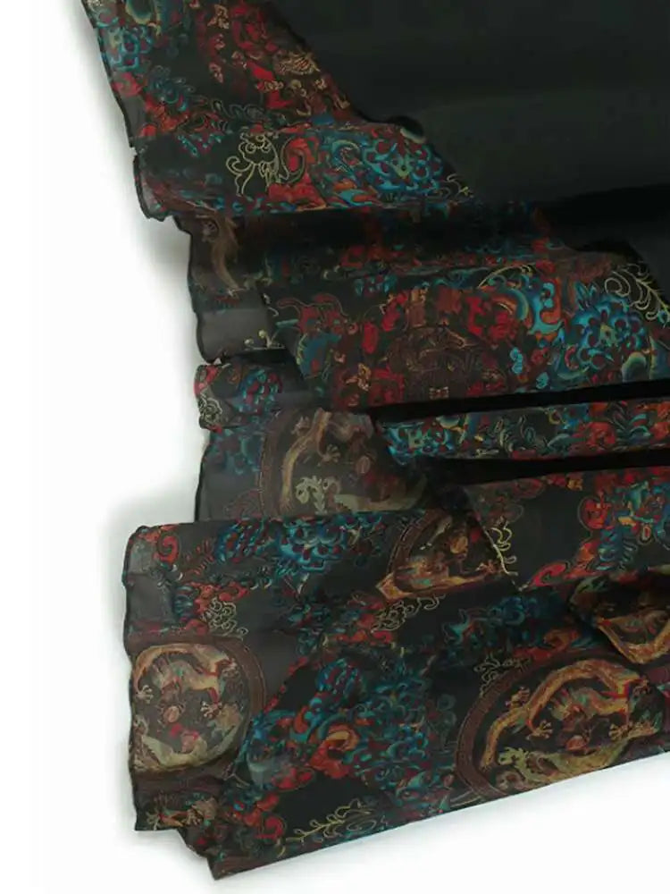 Women Black Pattern Printed Big Size Midi Dress New Round Neck Short Sleeve Fashion Tide Spring Summer 2025 1DJ0298