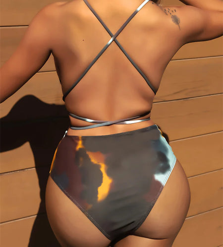 Print High Cut Halter One Piece Swimsuit 2024 Swimwear for Women Sexy Around Bandage Bathing Suit Backless Monokini