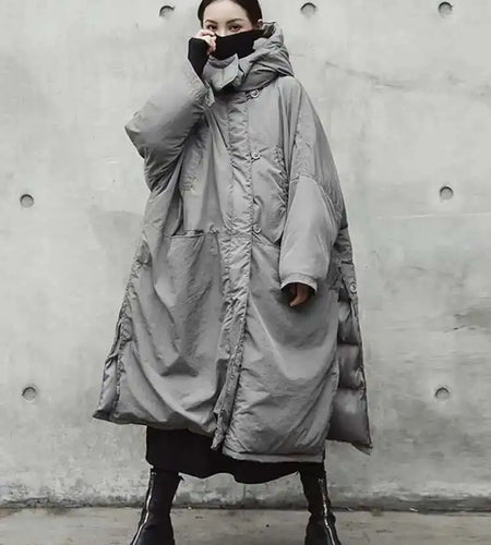 Hooded Cotton-padded Gray Big Size Long Warm Coat Long Sleeve Loose Fit Women Parkas Fashion Autumn Winter 2025 JE02002