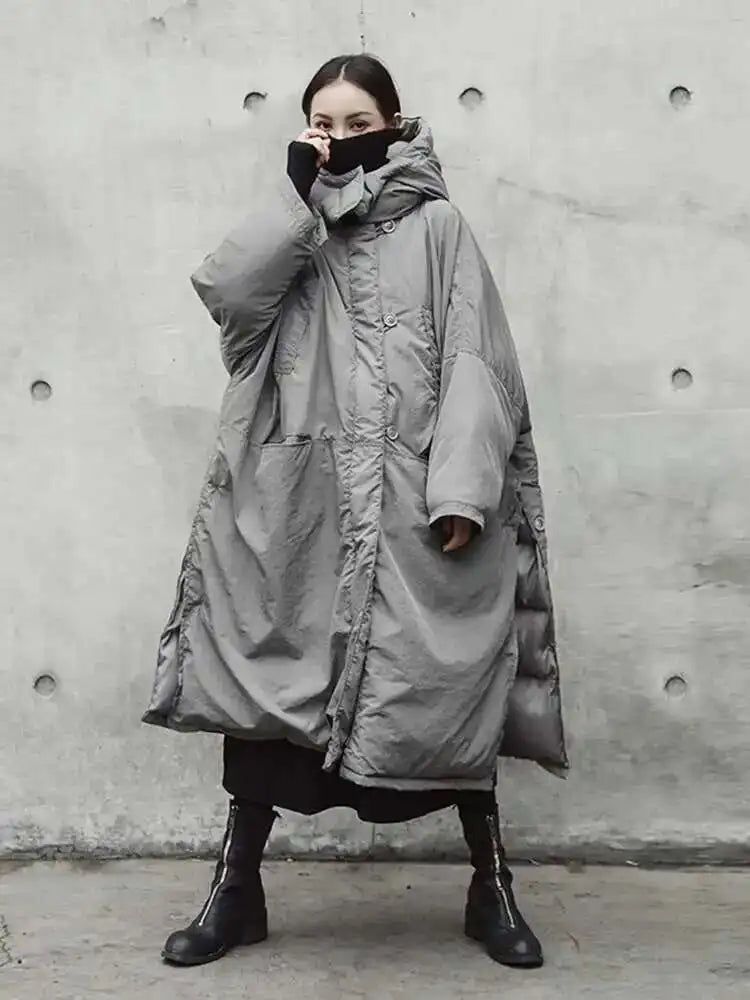 Hooded Cotton-padded Gray Big Size Long Warm Coat Long Sleeve Loose Fit Women Parkas Fashion Autumn Winter 2025 JE02002