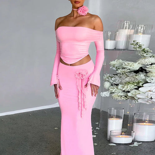 Load image into Gallery viewer, Elegant Halter 3D Flower Two Piece Sets Women Fashion Off-shoulder Tops And Maxi Skirt Matching Sets Bodycon Sexy Dress
