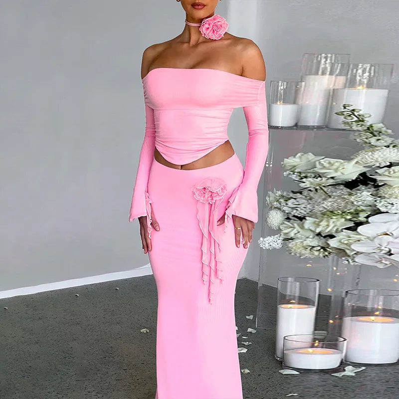 Elegant Halter 3D Flower Two Piece Sets Women Fashion Off-shoulder Tops And Maxi Skirt Matching Sets Bodycon Sexy Dress