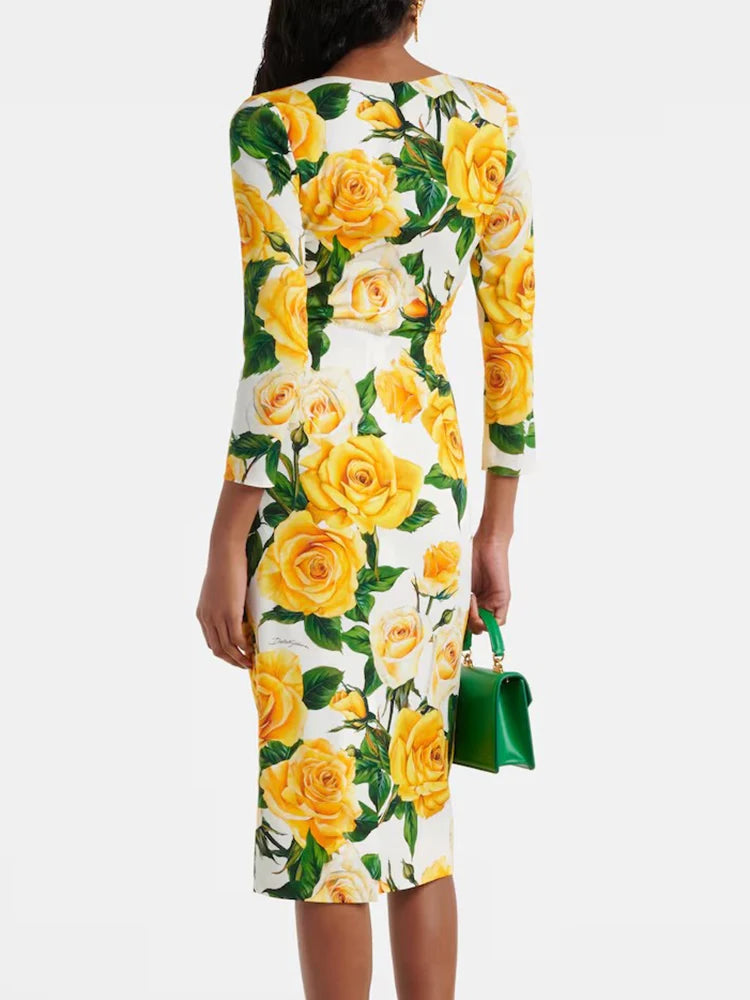Hit Color Floral Printing Elegant Dresses For Women Round Neck Long Sleeve High Waist Splicd Zipper Dress Female Fashion