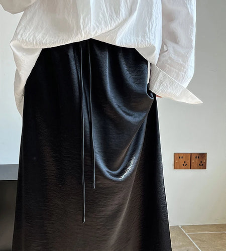 High Elastic Waist Black Satin Drawstring Elegant Half-body Skirt Women Fashion Tide New Spring Autumn 2025 1DJ0193
