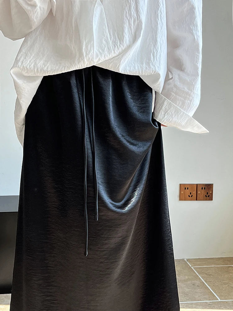 High Elastic Waist Black Satin Drawstring Elegant Half-body Skirt Women Fashion Tide New Spring Autumn 2025 1DJ0193