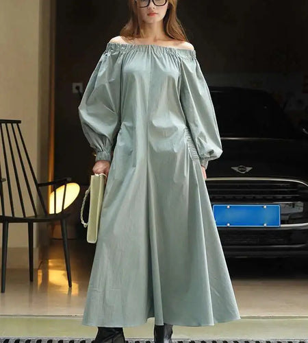 Women Black Brief Long Elegant Dress New Slash Neck Long Puff Sleeve Loose Fit Fashion Tide Spring Autumn 2025 1DF9947