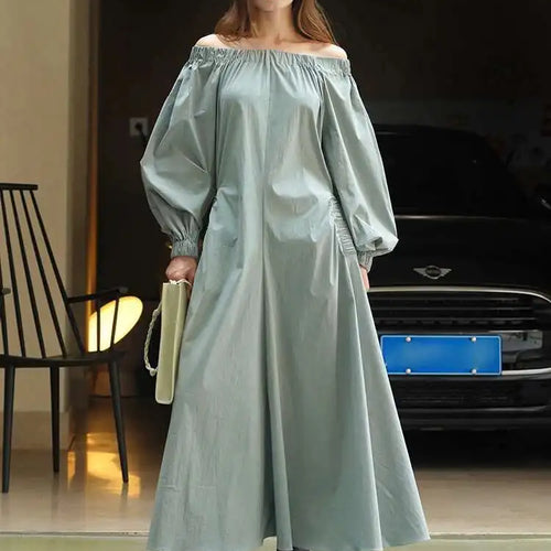 Load image into Gallery viewer, Women Black Brief Long Elegant Dress New Slash Neck Long Puff Sleeve Loose Fit Fashion Tide Spring Autumn 2025 1DF9947
