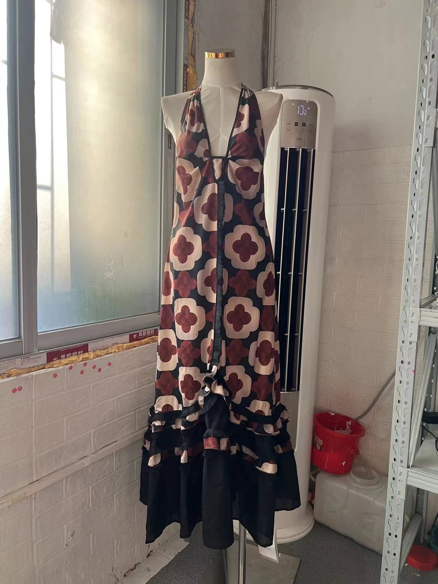 Loose Printing Casual Long Dresses for Women Halter Sleeveless Patchwork Ruffles Folds Dress Female Clothing New